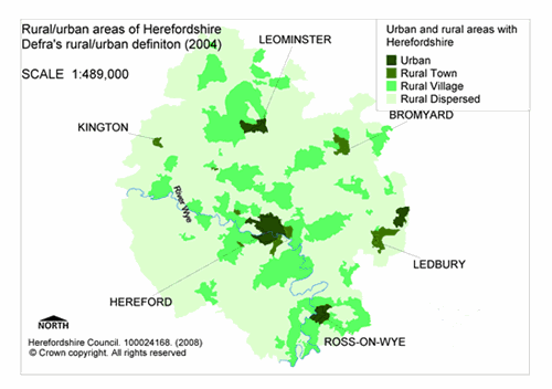 Mapn of Herefordshire showing areas classified as rural and urban.