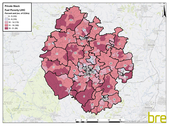 Heat map showing the density of households in private housing stock xperiencing fuel poverty (Low income - high cost definition) in Herefordshire.
