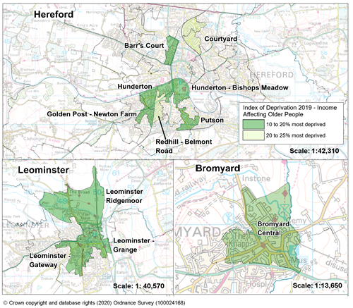 Maps showing the areas of Herefordshire that are among the most deprived in England according to the Income Deprivation Affecting Older People supplementary index.