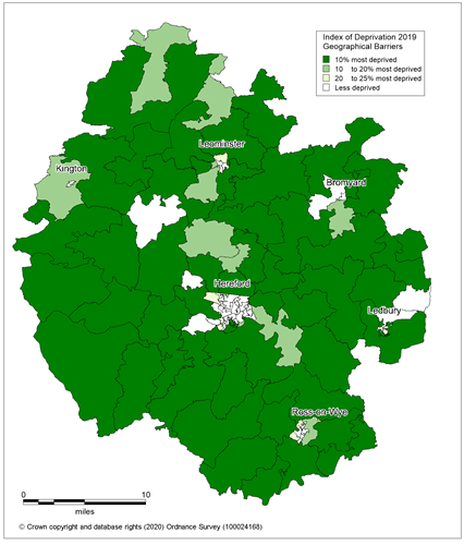 Map showing the areas of Herefordshire that are amongst the most deprived in England according to the Geographical Barriers to Services sub-domain of the IMD 2019.