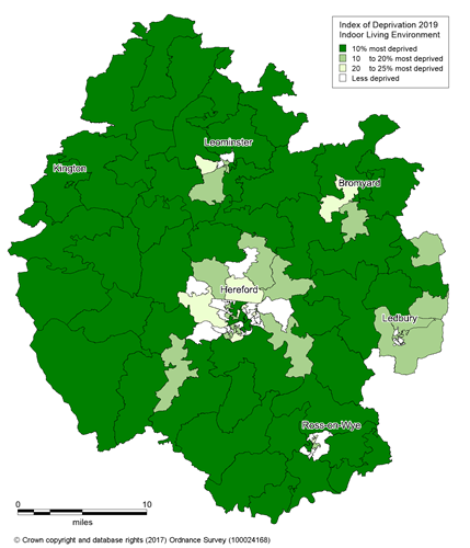 Map showing the areas of Herefordshire that are amongst the most deprived nationally according to the indoor living environment sub-domain of the IMD 2019.
