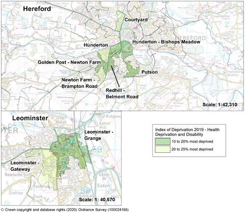 Maps showing the areas of Herefordshire that are amongst the most deprived in England according to the health and disability domain of the Indices of Deprivation 2019.