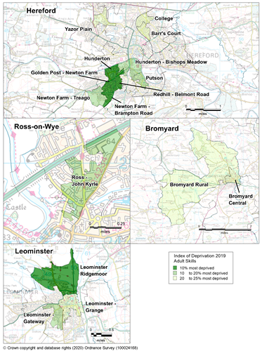 Maps showing the areas of Herefordshire that are amongst the most deprived in England according to the Adult Skills sub-domain of the IMD 2019.