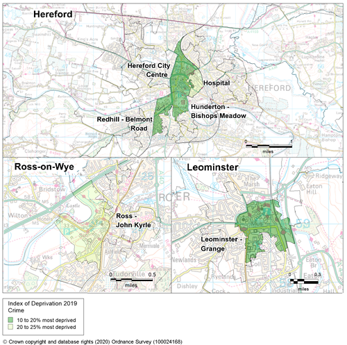 Map showing the areas of Herefordshire that are amongst the most deprived in England according to the crime domain of the indices of deprivation 2019.