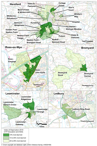 Maps showing the areas of Herefordshire that are amongst the most deprived in England according to the Children and Young People’s Education and Skills sub-domain.