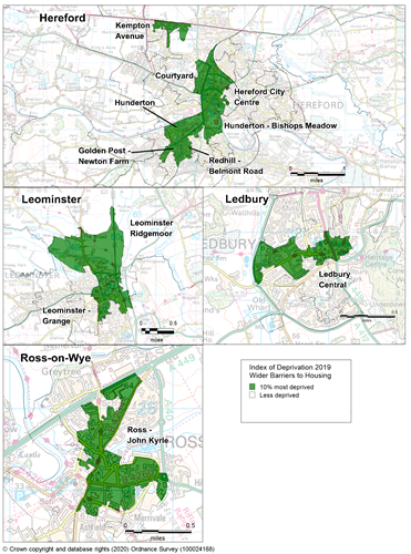 Maps showing the 10% most deprived areas of Herefordshire according to the Barriers to Housing sub-domain of the IMD 2019.