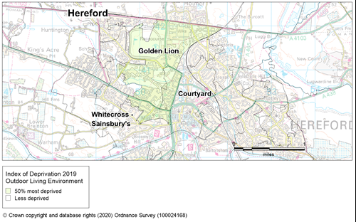 Map showing the areas of Herefordshire that are amongst the most deprived in England according to the outdoor living environment sub-domain of the IMD 2019.